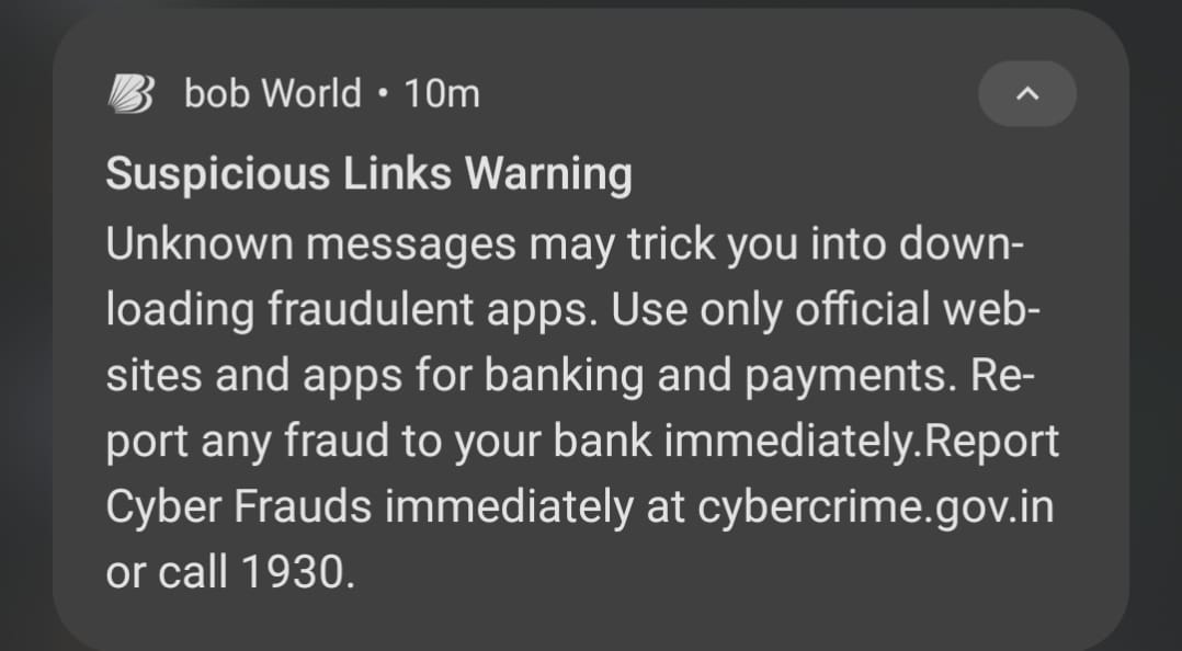 Bank of Baroda "Suspicious Links Warning" push notification